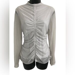 DKNY light gray shirred long‎ sleeve sheer mockneck top shirt blouse size M new